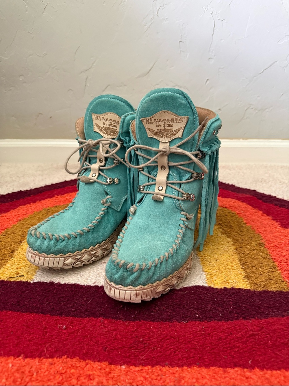 El Vaquero Cowboy Turquoise Suede Fringe Moccasin Booties -